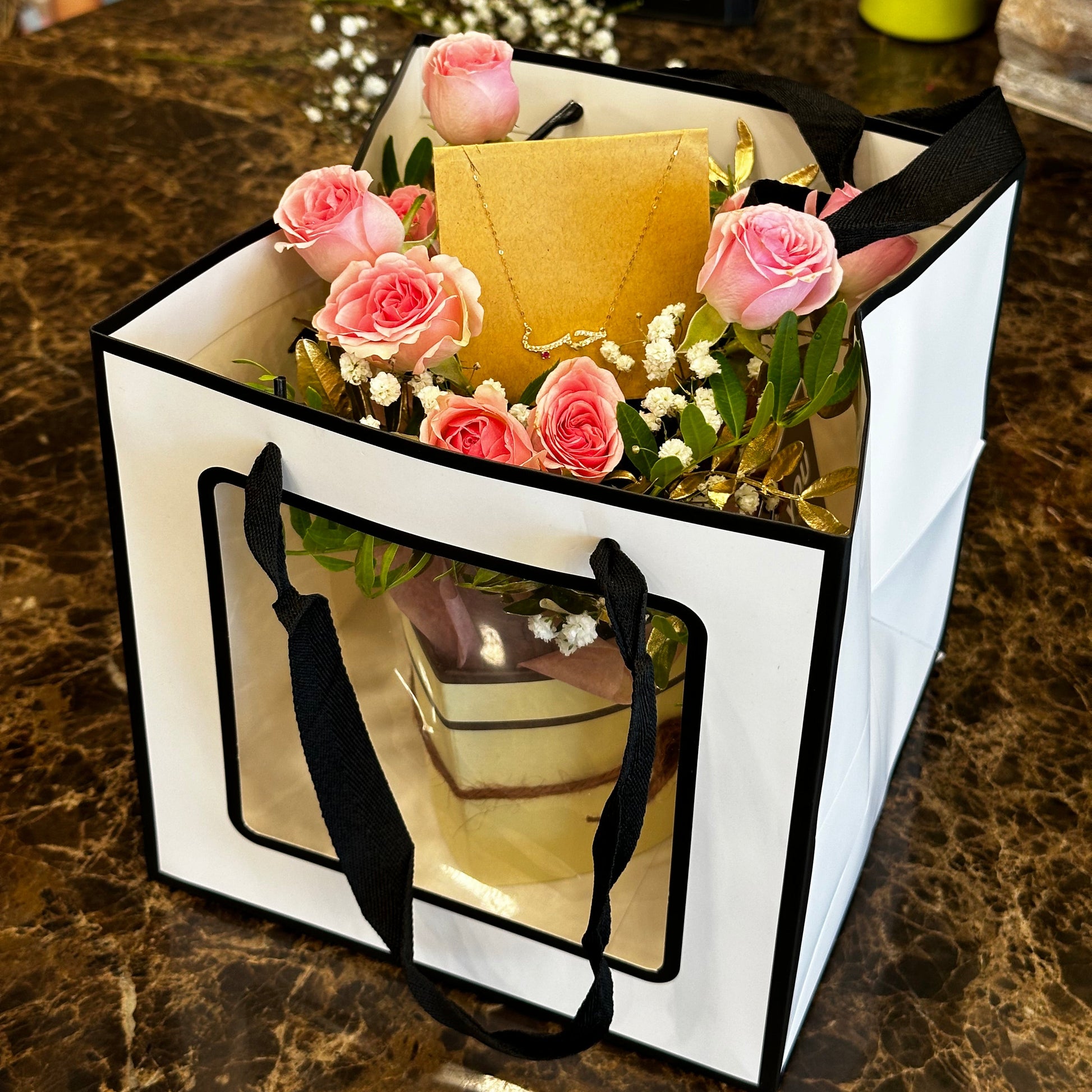 fresh flowers with gold necklace gift 