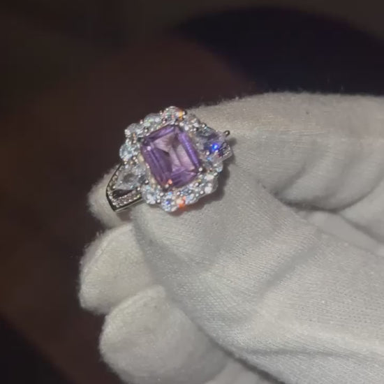 Custom amethyst and diamond ring in 18k white gold, handcrafted in Dubai UAE by Lamae Jewelry