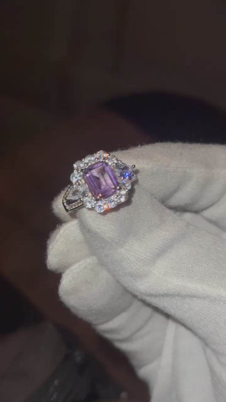 Custom amethyst and diamond ring in 18k white gold, handcrafted in Dubai UAE by Lamae Jewelry
